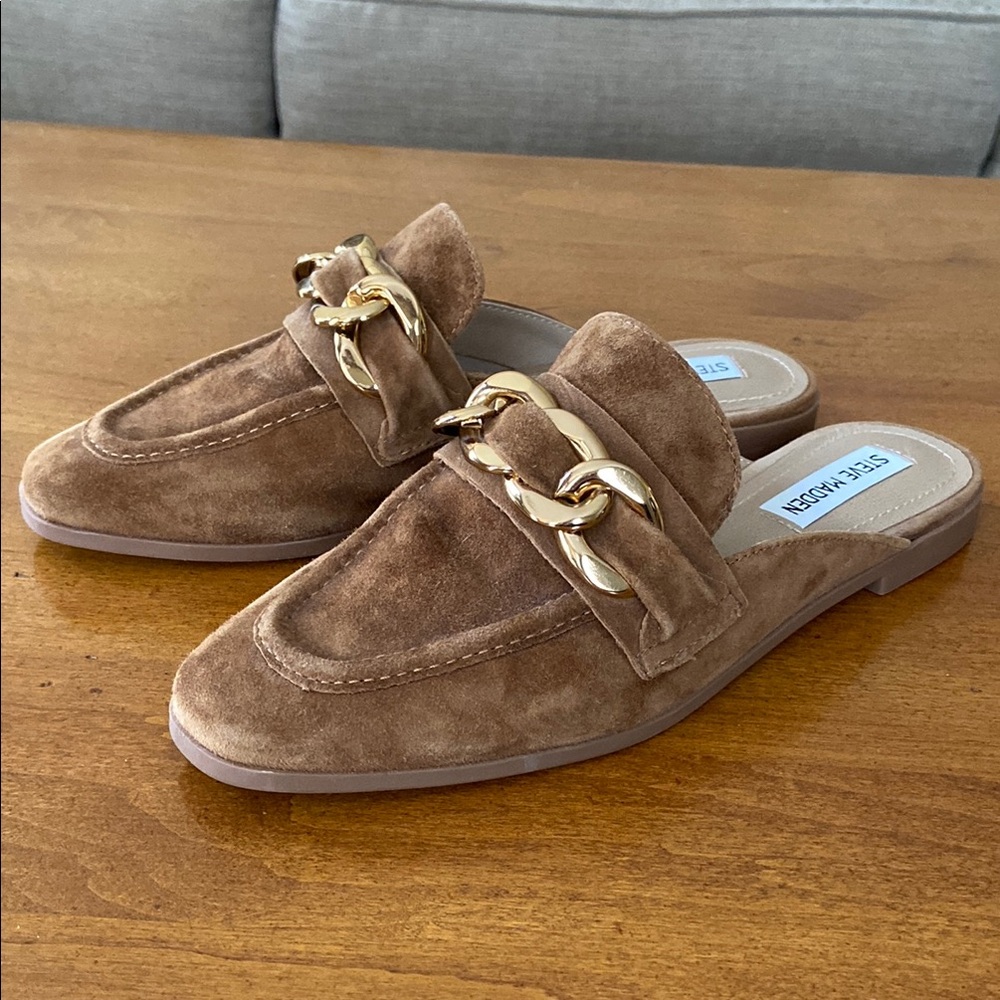 Steve Madden Cassady Suede Mules, Cognac Brown, 7.5 *LIKE NEW* with BOX